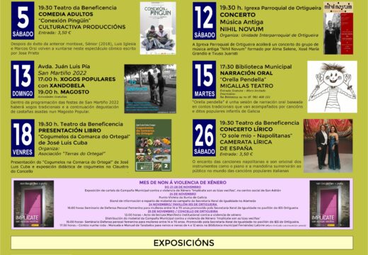 Ortigueira presenta unha variada axenda cultural para o mes de novembro con música, teatro, exposicións e actos contra a violencia de xénero